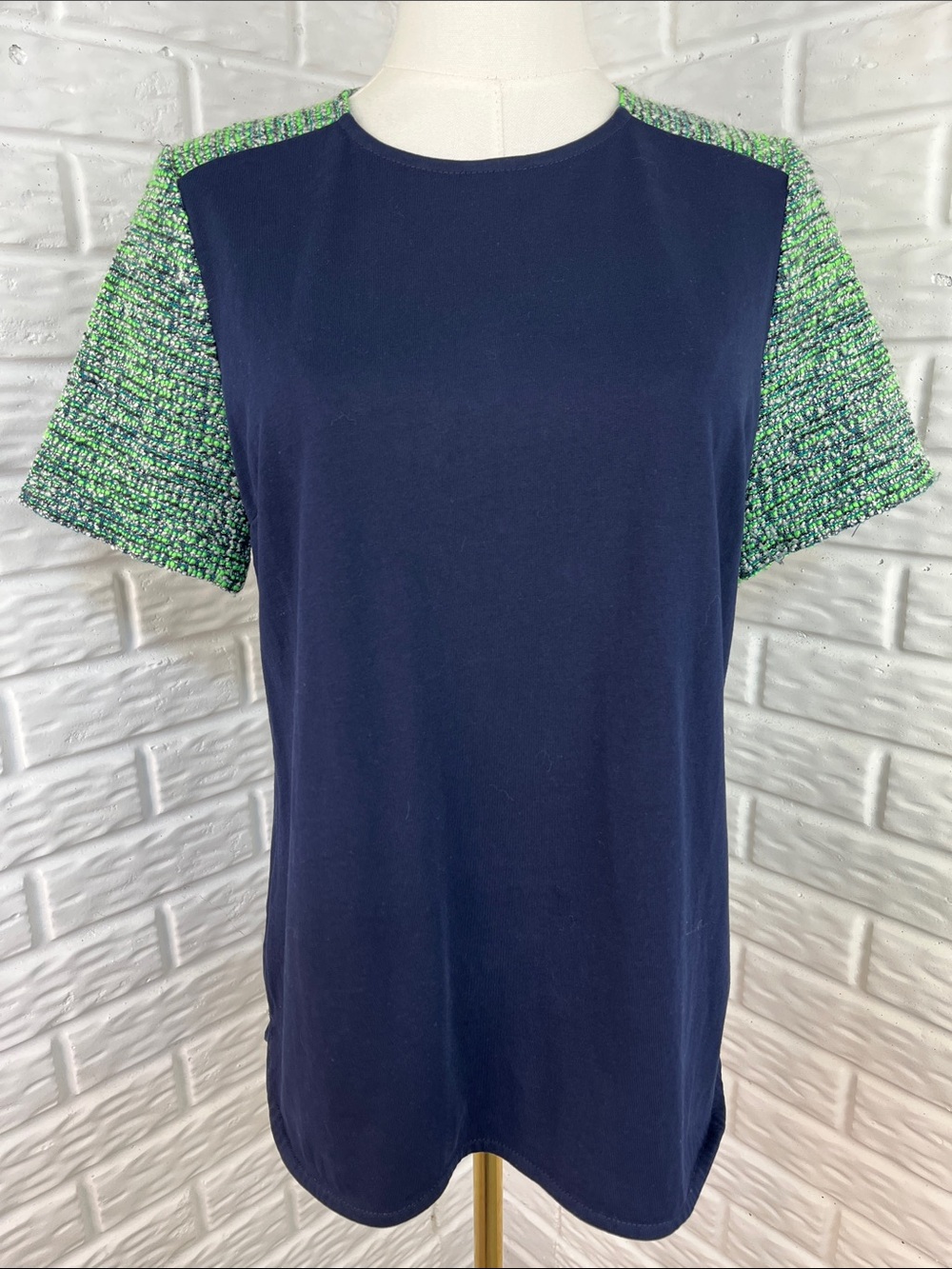 J.CREW TOP WITH TWEED SHOULDERS WOOL SILK BLEND MAVY GREEN SILVER SZ MED - Picture 2 of 14